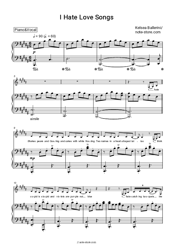 I Hate Love Songs - Kelsea Ballerini Piano Sheet Music with the Voice part - Piano&Vocal