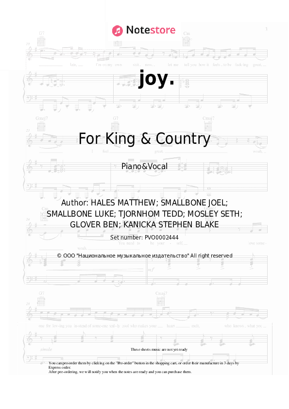 joy. - For King & Country Piano Sheet Music with the Voice part - Piano&Vocal