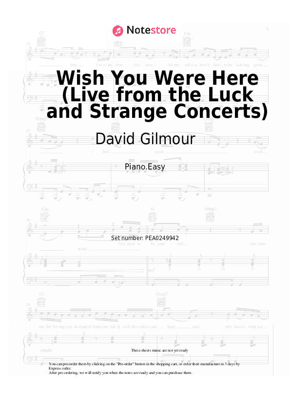 Wish You Were Here (Live from the Luck and Strange Concerts) - David Gilmour Piano Sheet Music Easy - Piano.Easy