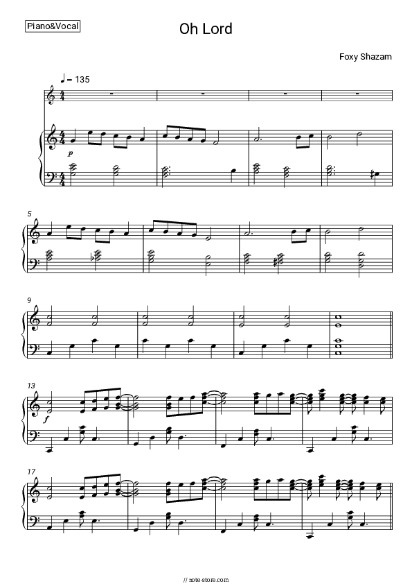 Oh Lord - Foxy Shazam Piano Sheet Music with the Voice part - Piano&Vocal