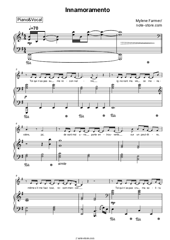 Innamoramento - Mylène Farmer Piano Sheet Music with the Voice part - Piano&Vocal