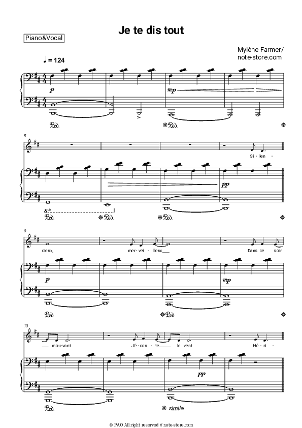 Je Te Dis Tout - Mylène Farmer Piano Sheet Music with the Voice part - Piano&Vocal