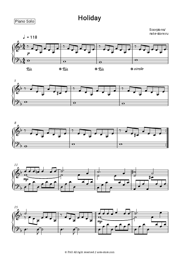 Holiday - Scorpions Piano Sheet Music - Piano.Solo
