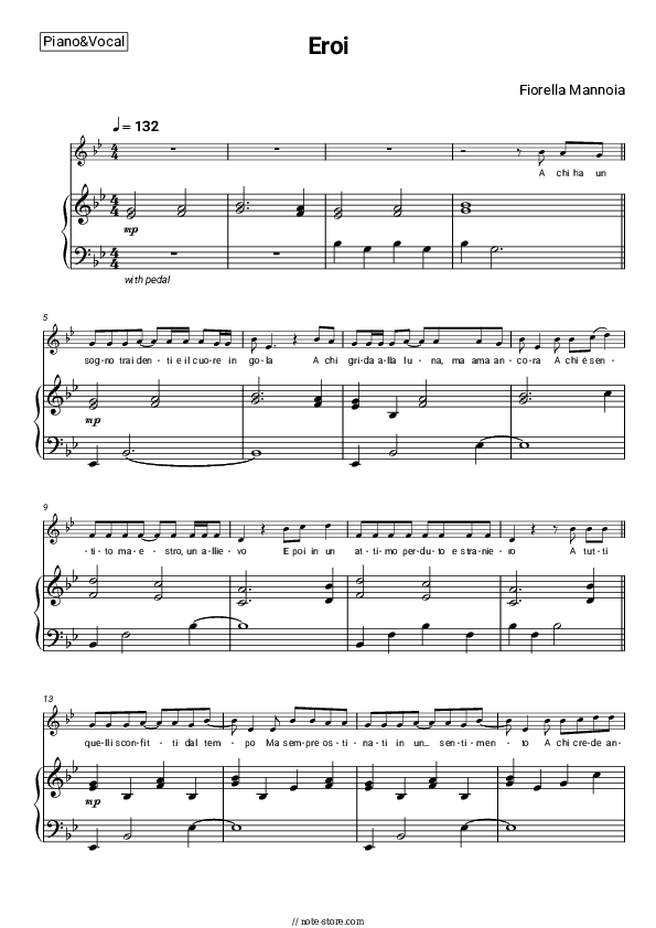 Eroi - Fiorella Mannoia Piano Sheet Music with the Voice part - Piano&Vocal