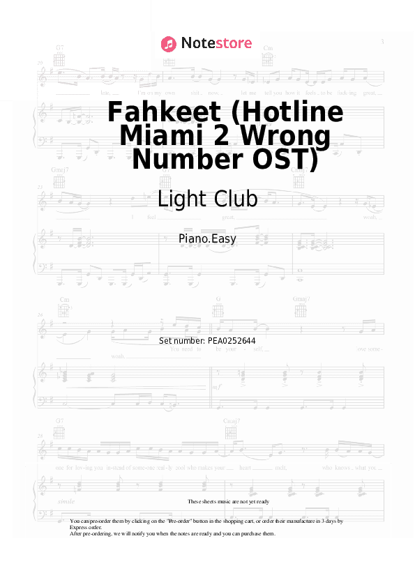 Fahkeet (Hotline Miami 2 Wrong Number OST) - Light Club Piano Sheet Music Easy - Piano.Easy
