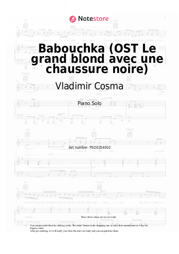 Babouchka (OST Le grand blond avec une chaussure noire) - Vladimir Cosma, Gheorghe Zamfir Piano Sheet Music - Piano.Solo