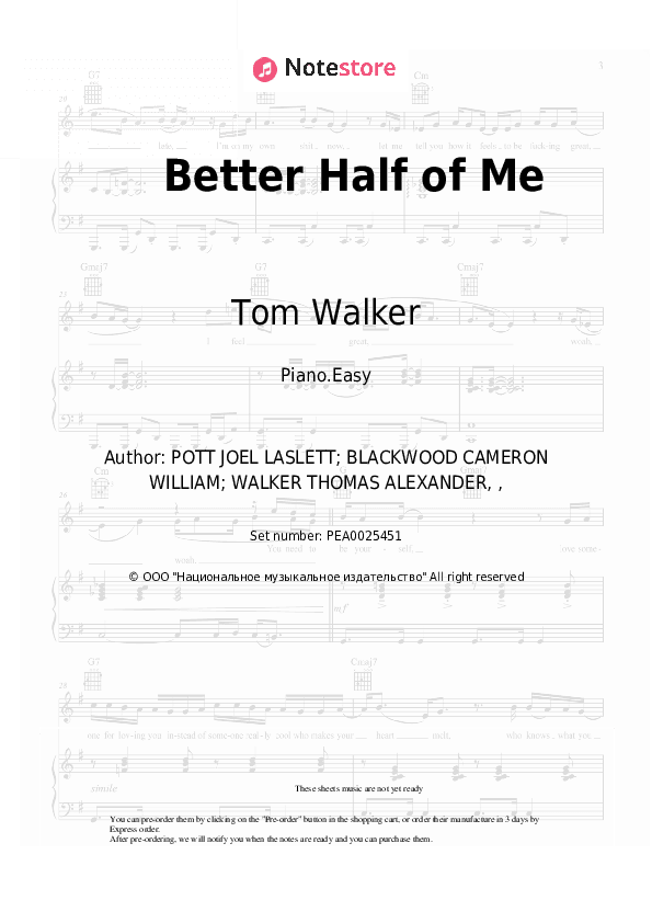 Better Half of Me - Tom Walker Piano Sheet Music Easy - Piano.Easy