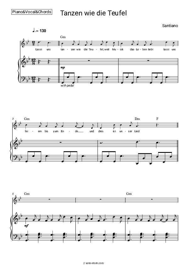 Tanzen wie die Teufel - Santiano Piano Sheet Music with the Vocal and Chords - Piano&Vocal&Chords