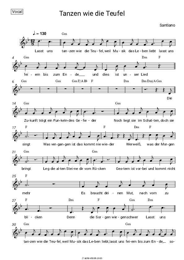Tanzen wie die Teufel - Santiano Vocal Sheet Music - Vocal