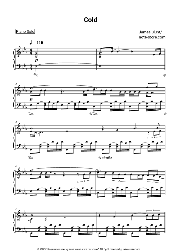 Cold - James Blunt Piano Sheet Music - Piano.Solo