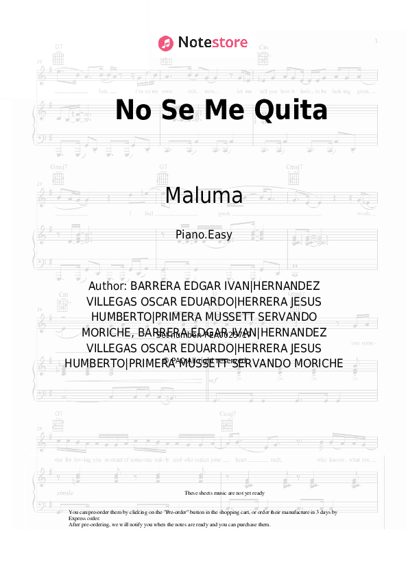 No Se Me Quita - Maluma, Ricky Martin Piano Sheet Music Easy - Piano.Easy