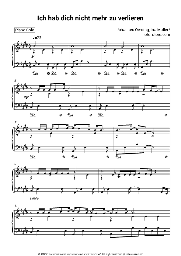 Ich hab dich nicht mehr zu verlieren - Johannes Oerding, Ina Müller Piano Sheet Music - Piano.Solo