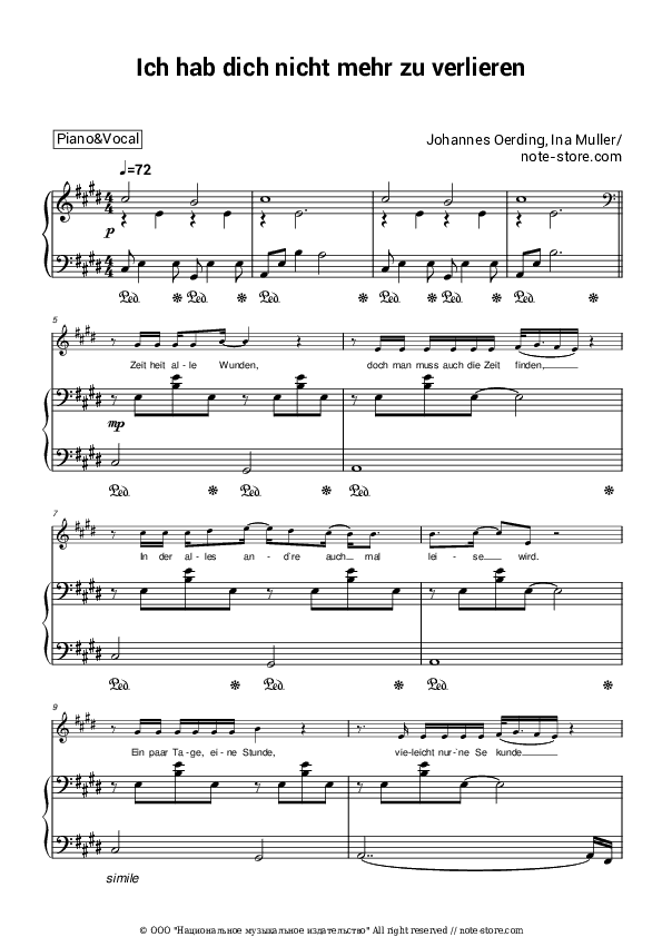Ich hab dich nicht mehr zu verlieren - Johannes Oerding, Ina Müller Piano Sheet Music with the Voice part - Piano&Vocal