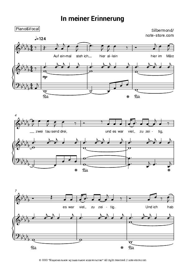 In meiner Erinnerung - Silbermond Piano Sheet Music with the Voice part - Piano&Vocal