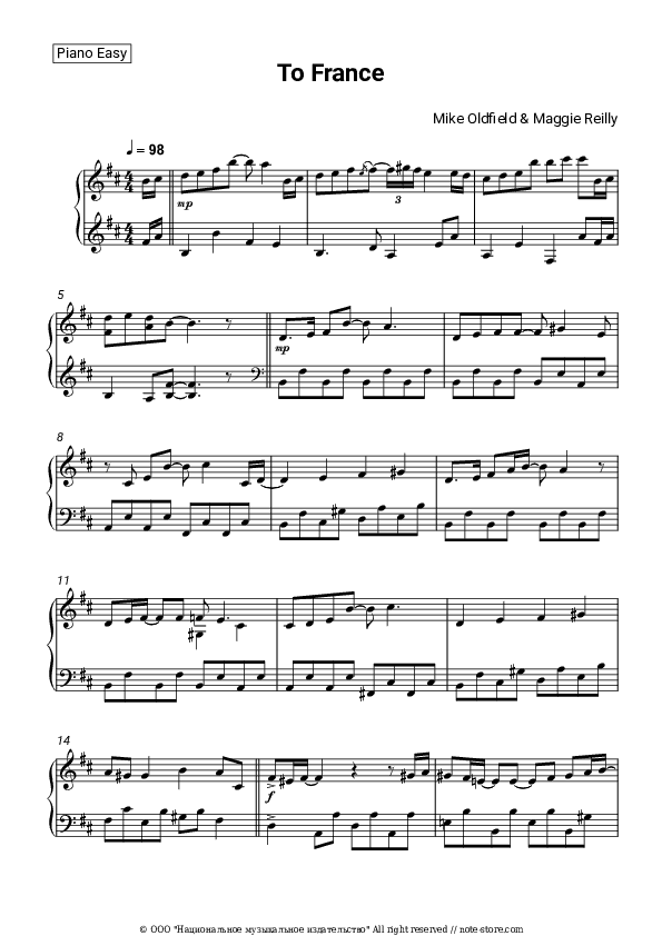 To France - Mike Oldfield, Maggie Reilly Piano Sheet Music Easy - Piano.Easy