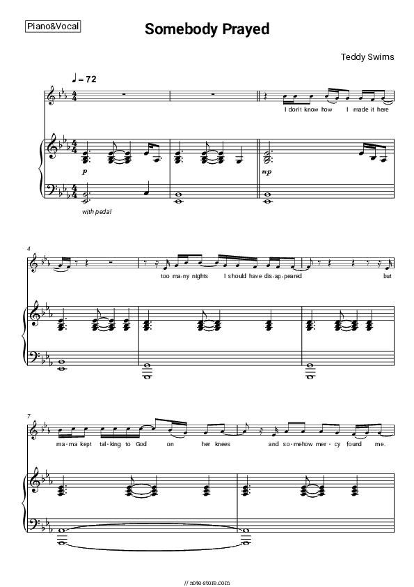 Somebody Prayed - Teddy Swims Piano Sheet Music with the Voice part - Piano&Vocal