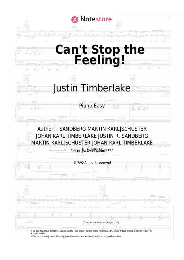 Can't Stop the Feeling! - Justin Timberlake Piano Sheet Music Easy - Piano.Easy