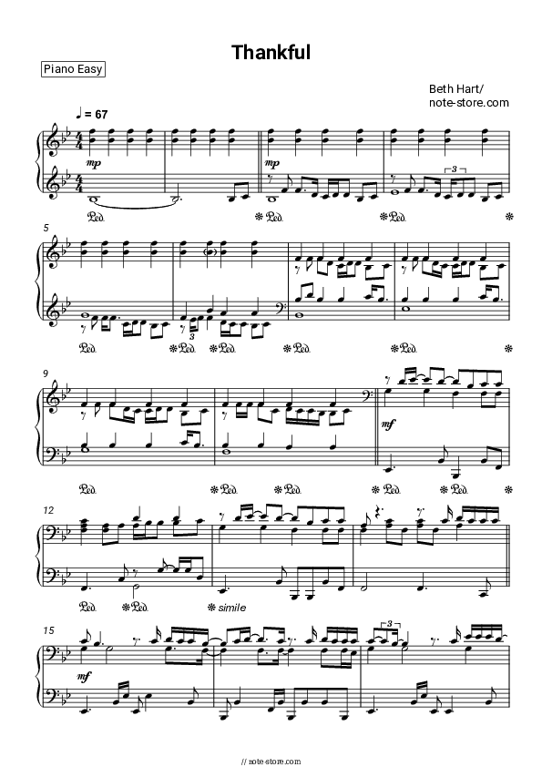 Thankful - Beth Hart Piano Sheet Music Easy - Piano.Easy