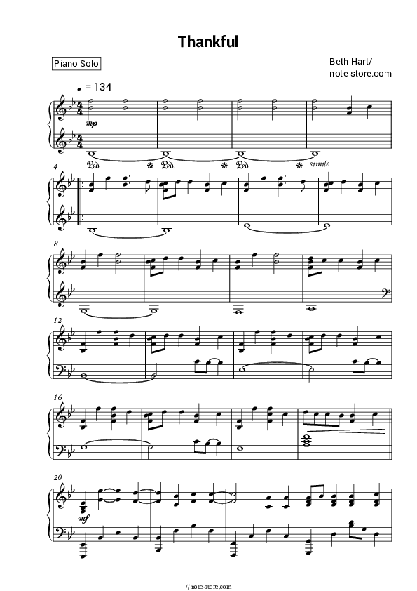 Thankful - Beth Hart Piano Sheet Music - Piano.Solo