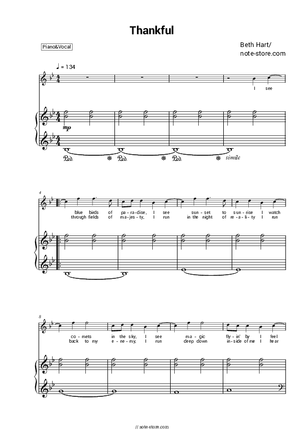 Thankful - Beth Hart Piano Sheet Music with the Voice part - Piano&Vocal