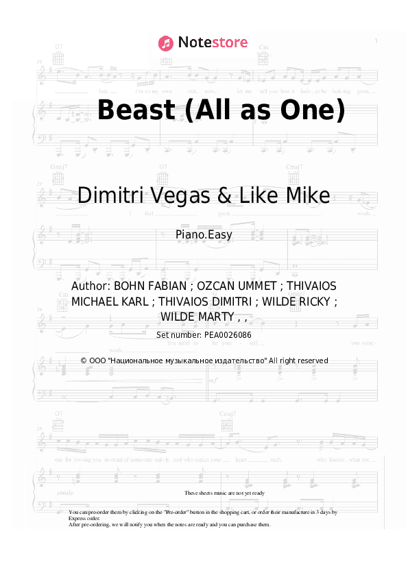 Beast (All as One) - Dimitri Vegas & Like Mike, Ummet Ozcan, Brennan Heart Piano Sheet Music Easy - Piano.Easy