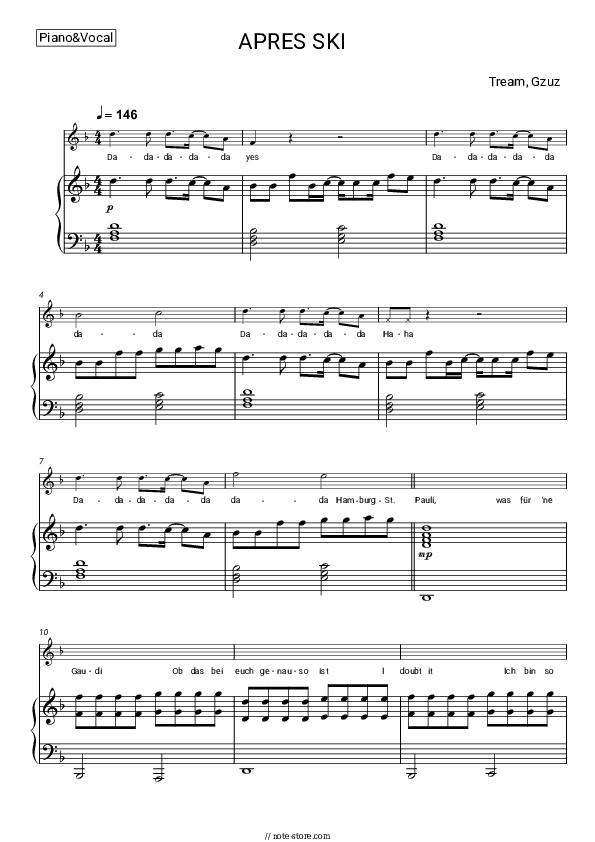 APRES SKI - Tream, Gzuz Piano Sheet Music with the Voice part - Piano&Vocal