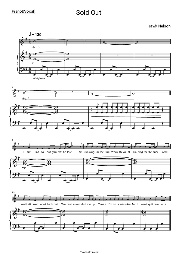 Sold Out - Hawk Nelson Piano Sheet Music with the Voice part - Piano&Vocal