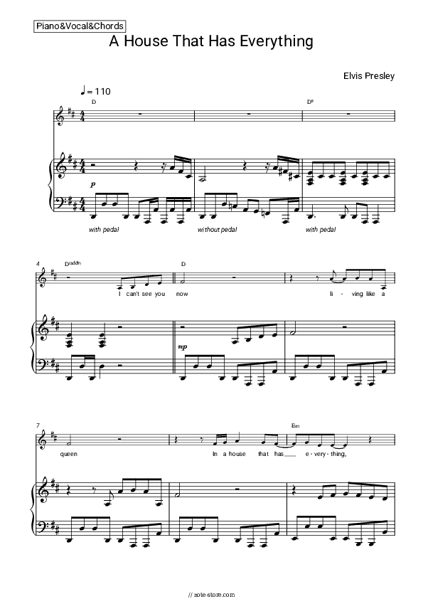 A House That Has Everything - Elvis Presley Piano Sheet Music with the Vocal and Chords - Piano&Vocal&Chords