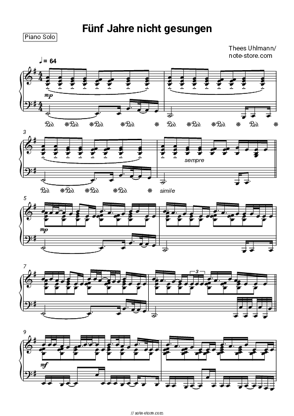 Fünf Jahre nicht gesungen - Thees Uhlmann Piano Sheet Music - Piano.Solo