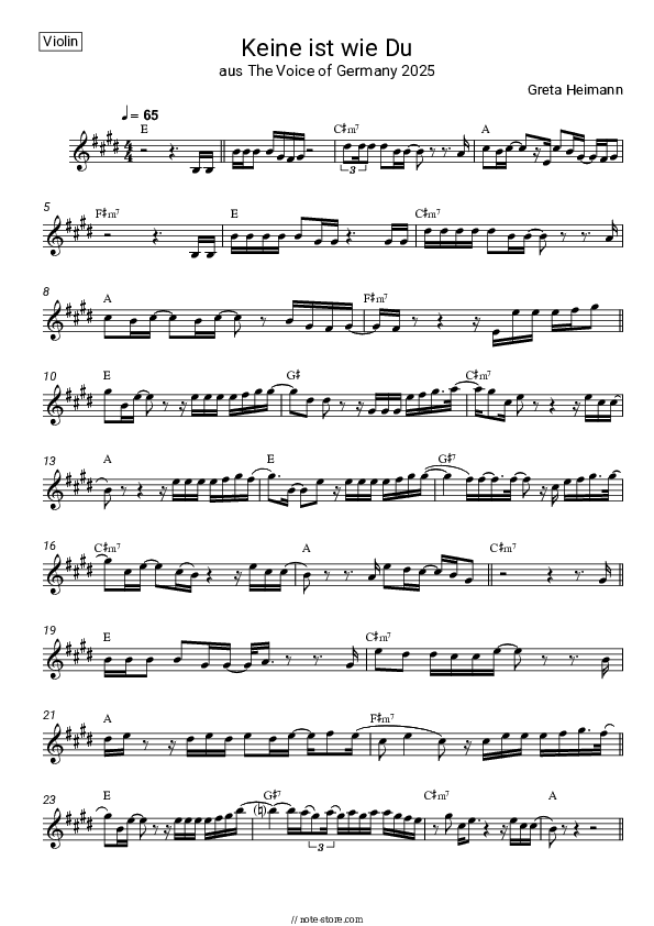 Keine ist wie Du (aus The Voice of Germany 2025) - Greta Heimann Violin Sheet Music - Violin