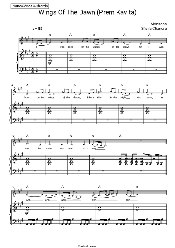 Wings of Dawn (Prem Kavita) - Monsoon, Sheila Chandra Piano Sheet Music with the Vocal and Chords - Piano&Vocal&Chords