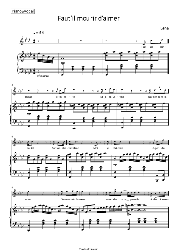 Faut'il mourir d'aimer - Lena Piano Sheet Music with the Voice part - Piano&Vocal