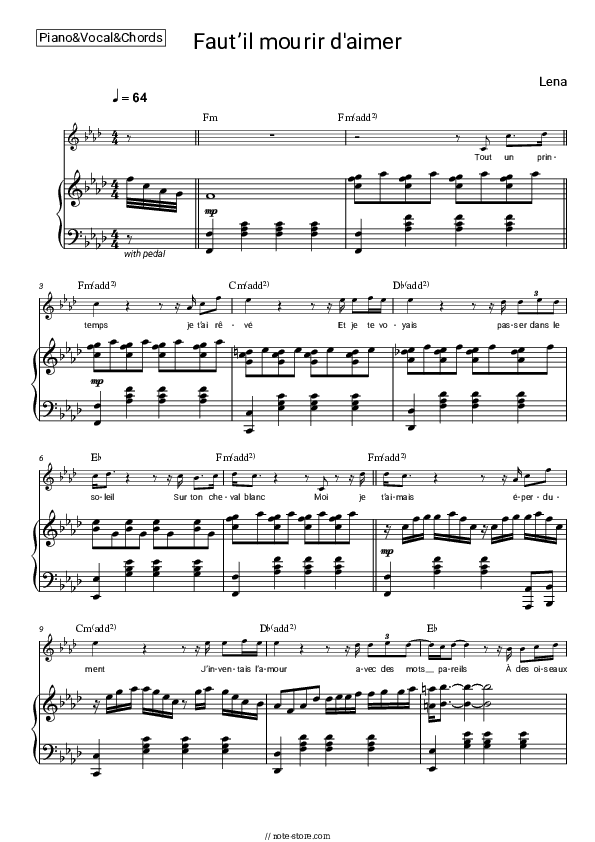Faut'il mourir d'aimer - Lena Piano Sheet Music with the Vocal and Chords - Piano&Vocal&Chords