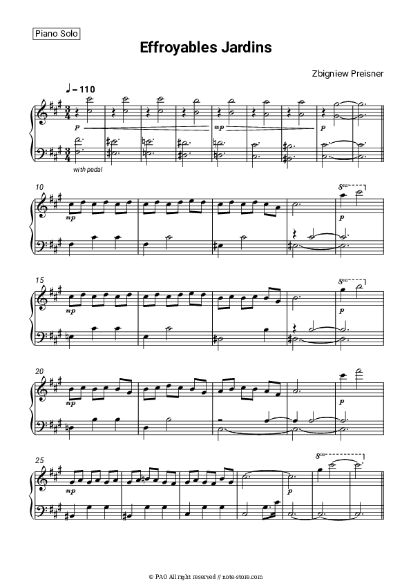 Effroyables Jardins - Zbigniew Preisner Piano Sheet Music - Piano.Solo