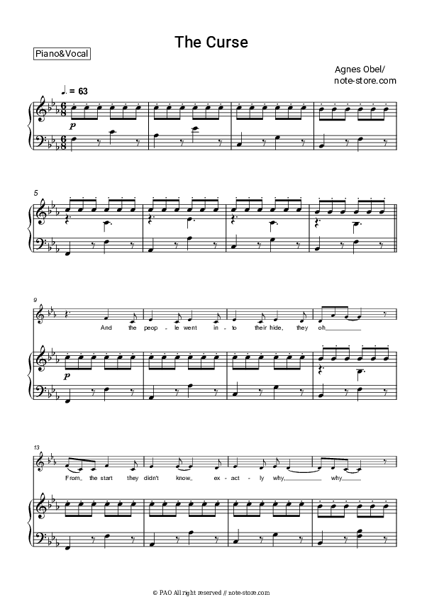 The Curse - Agnes Obel Piano Sheet Music with the Voice part - Piano&Vocal