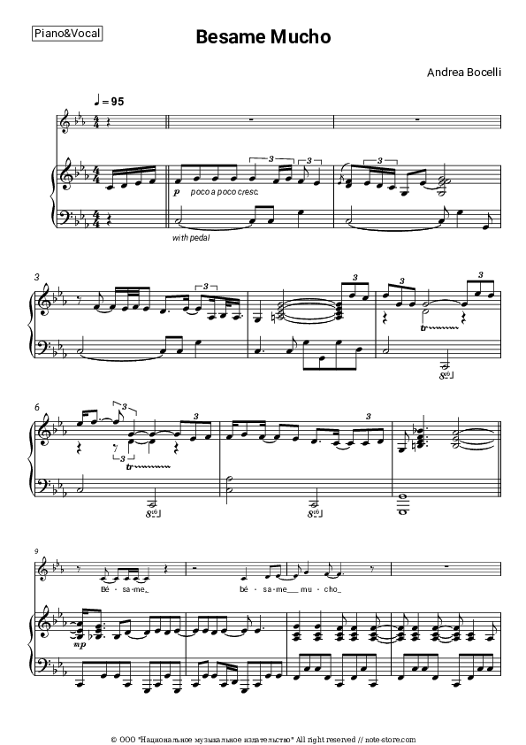 Besame Mucho - Andrea Bocelli Piano Sheet Music with the Voice part - Piano&Vocal
