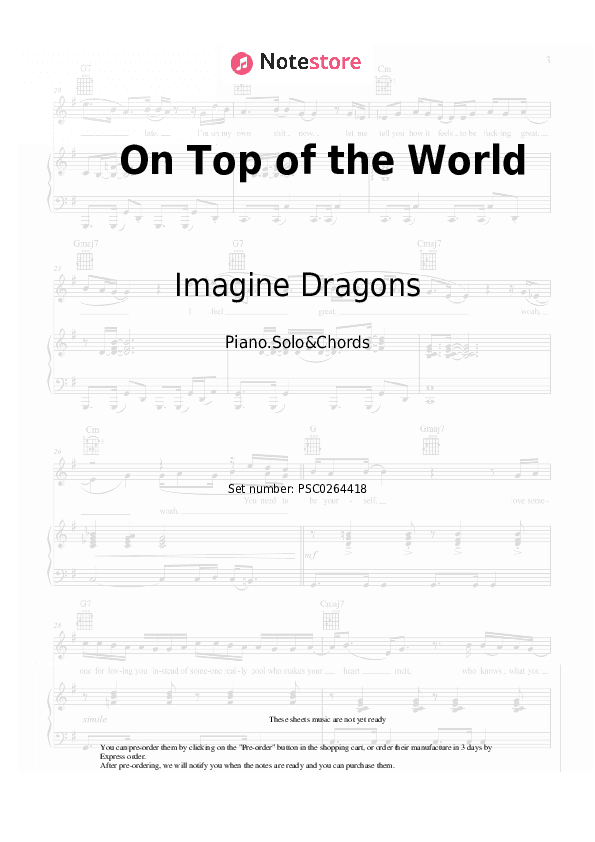 On Top of the World - Imagine Dragons Piano Sheet Music and Chords - Piano.Solo&Chords