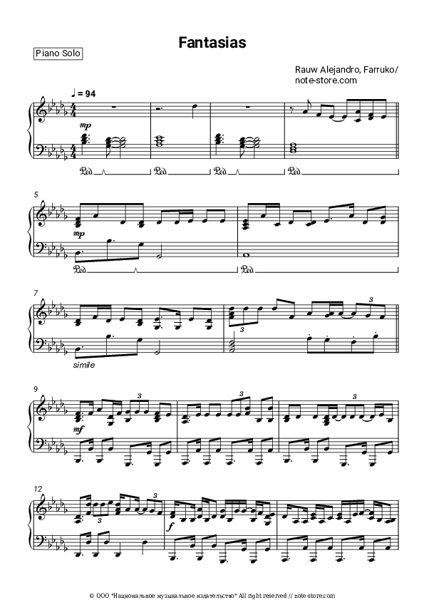 Fantasias - Rauw Alejandro, Farruko Piano Sheet Music - Piano.Solo