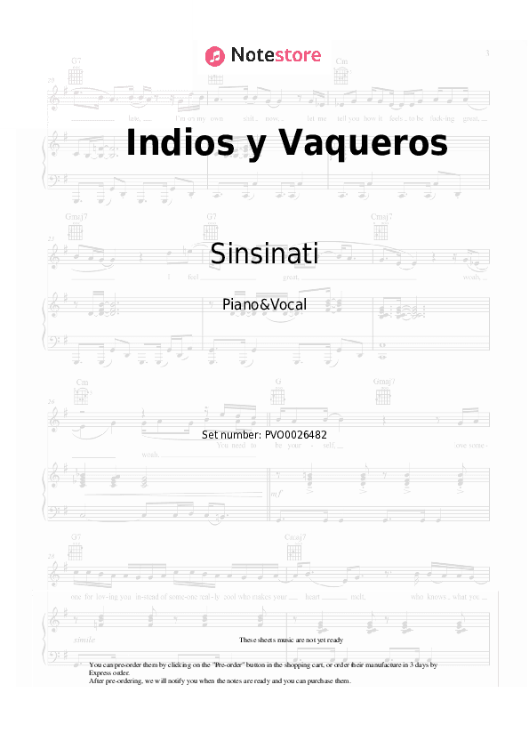 Indios y Vaqueros - Sinsinati Piano Sheet Music with the Voice part - Piano&Vocal