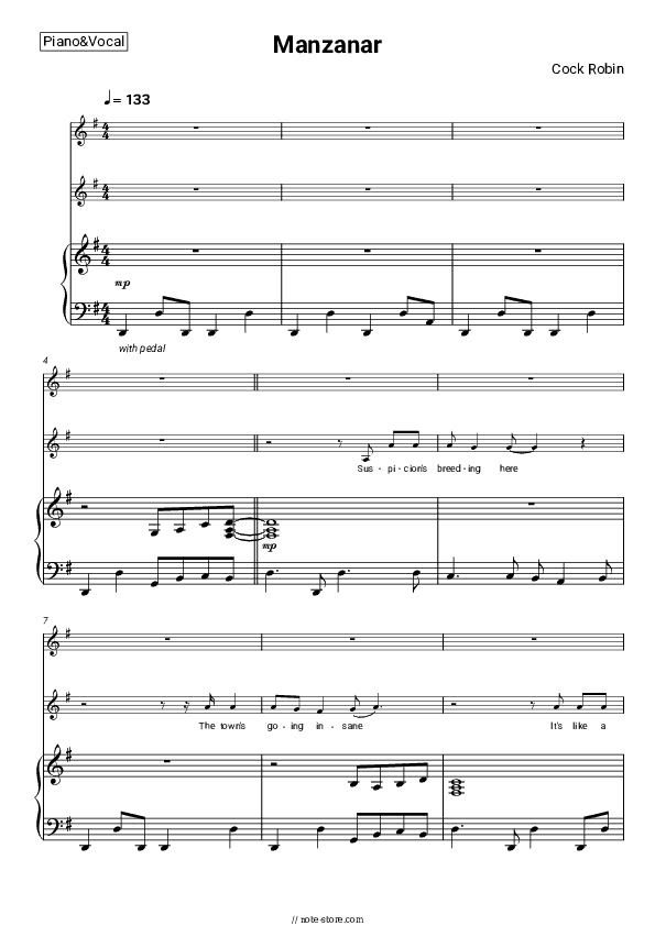 Manzanar - Cock Robin Piano Sheet Music with the Voice part - Piano&Vocal