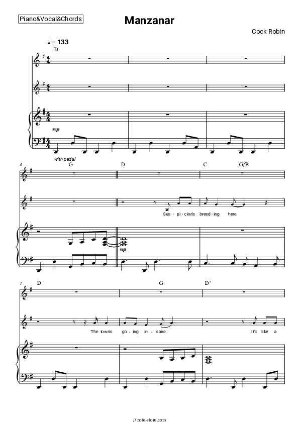 Manzanar - Cock Robin Piano Sheet Music with the Vocal and Chords - Piano&Vocal&Chords