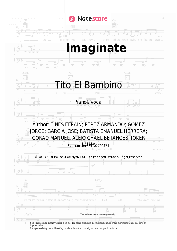 Imaginate - Tito El Bambino, Pitbull, El Alfa Piano Sheet Music with the Voice part - Piano&Vocal
