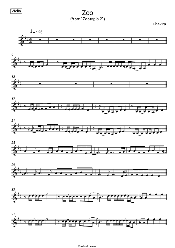 Zoo (From 'Zootopia 2') - Shakira Violin Sheet Music - Violin