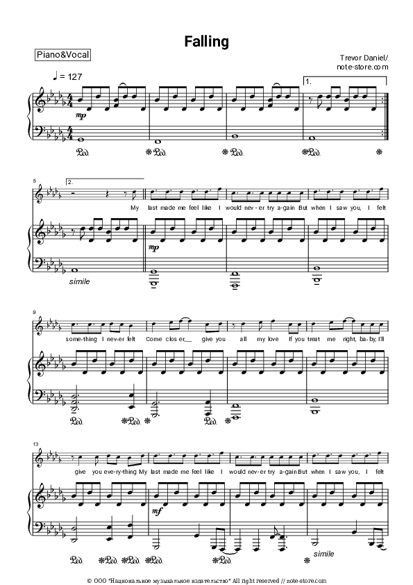 Falling - Trevor Daniel Piano Sheet Music with the Voice part - Piano&Vocal