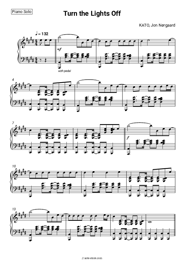 Turn the Lights Off - KATO, Jon Nørgaard Piano Sheet Music - Piano.Solo