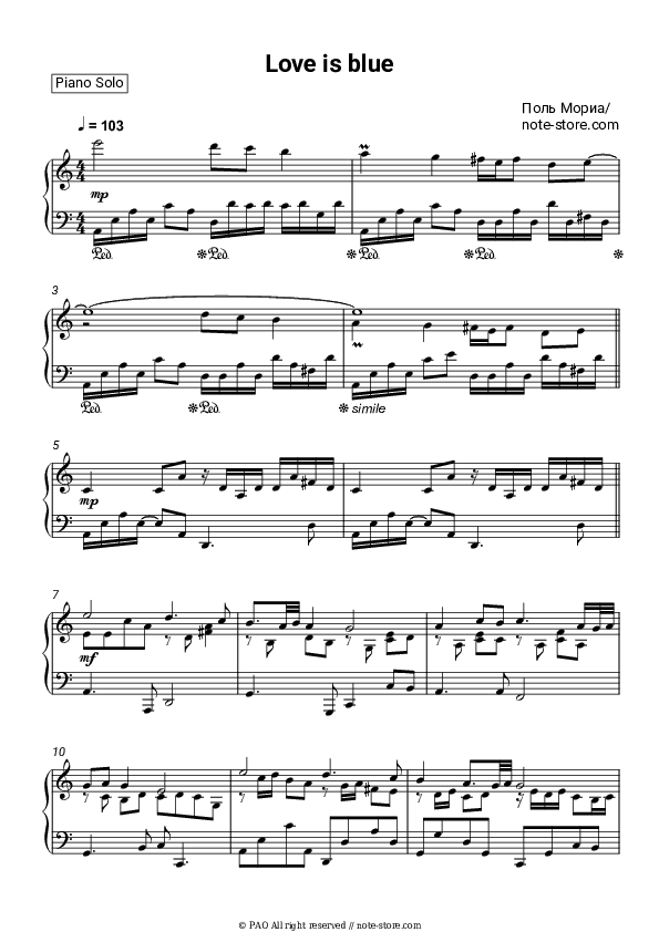 Love is blue - Paul Mauriat Piano Sheet Music - Piano.Solo
