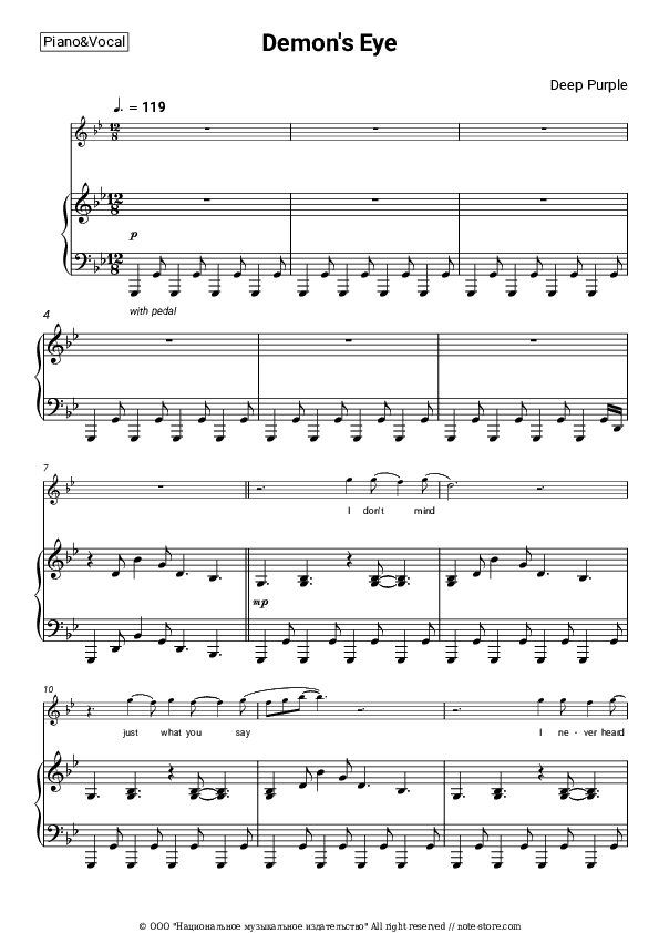 Demon's Eye - Deep Purple Piano Sheet Music with the Voice part - Piano&Vocal