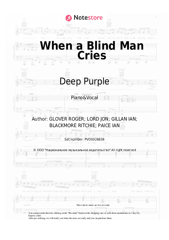 When a Blind Man Cries - Deep Purple Piano Sheet Music with the Voice part - Piano&Vocal
