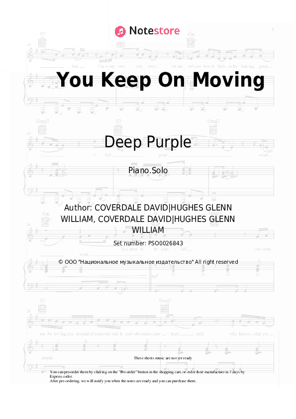 You Keep On Moving - Deep Purple Piano Sheet Music - Piano.Solo