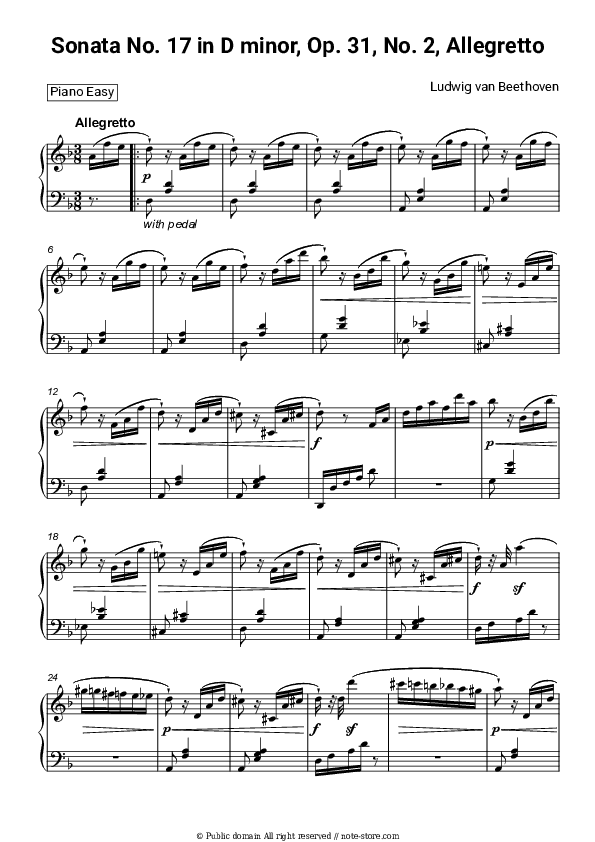 Sonata No. 17 in D minor, Op. 31, No. 2, Allegretto - Ludwig van Beethoven Piano Sheet Music Easy - Piano.Easy